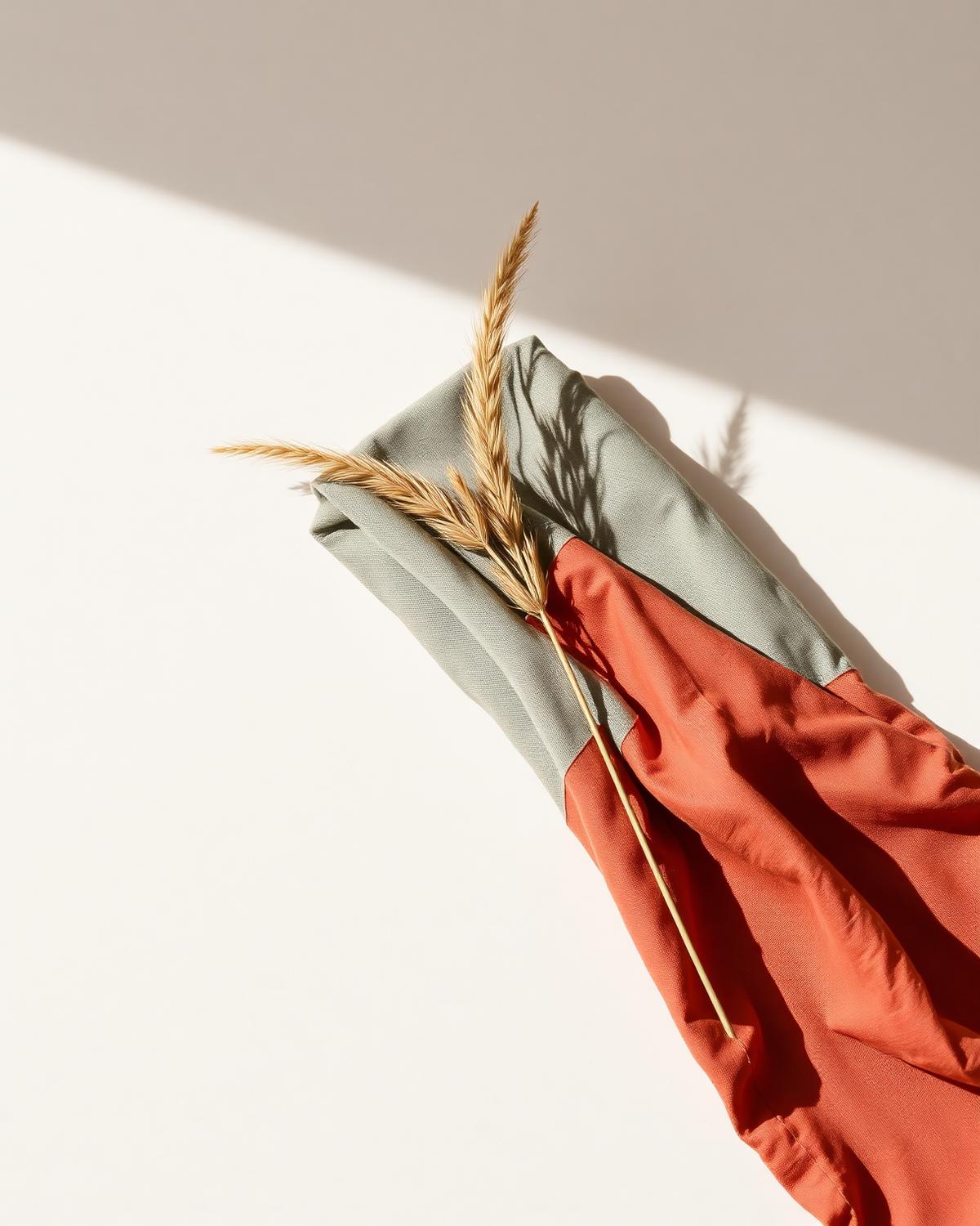 Terracotta and sage linen textiles in soft daylight