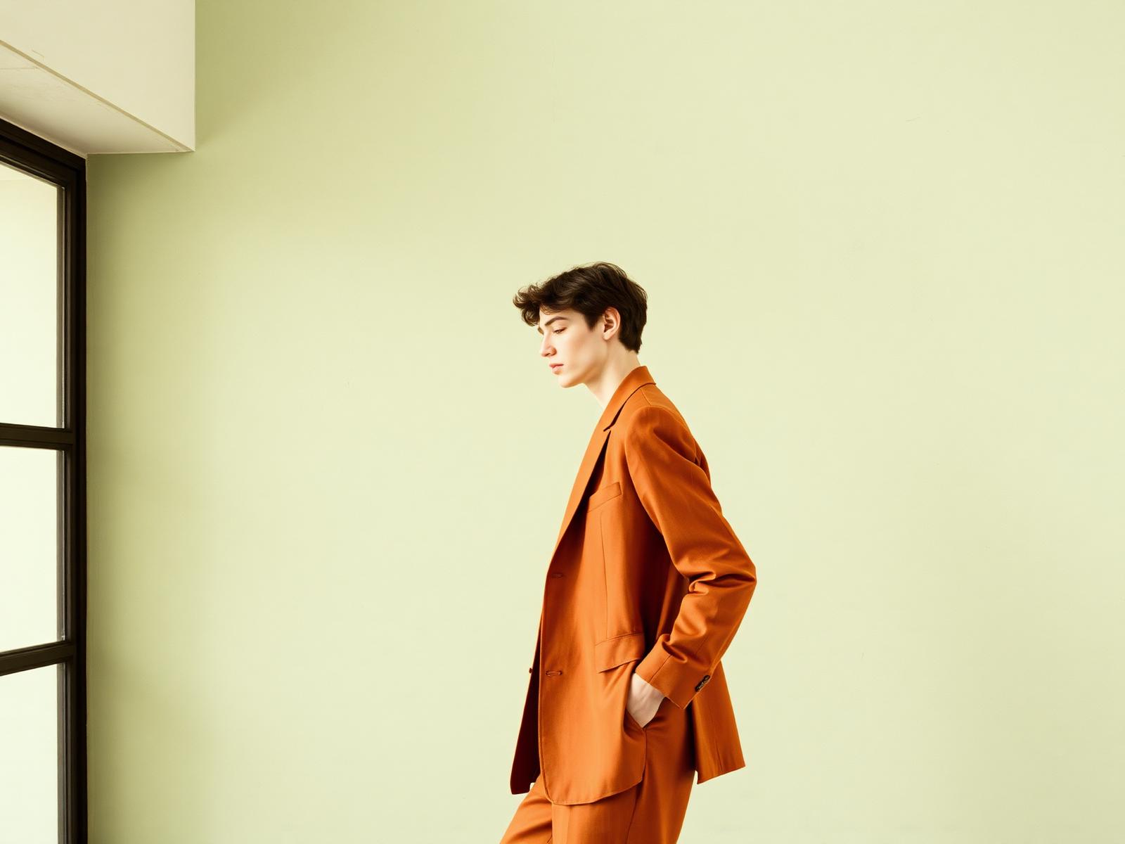Editorial fashion portrait in terracotta and sage tones